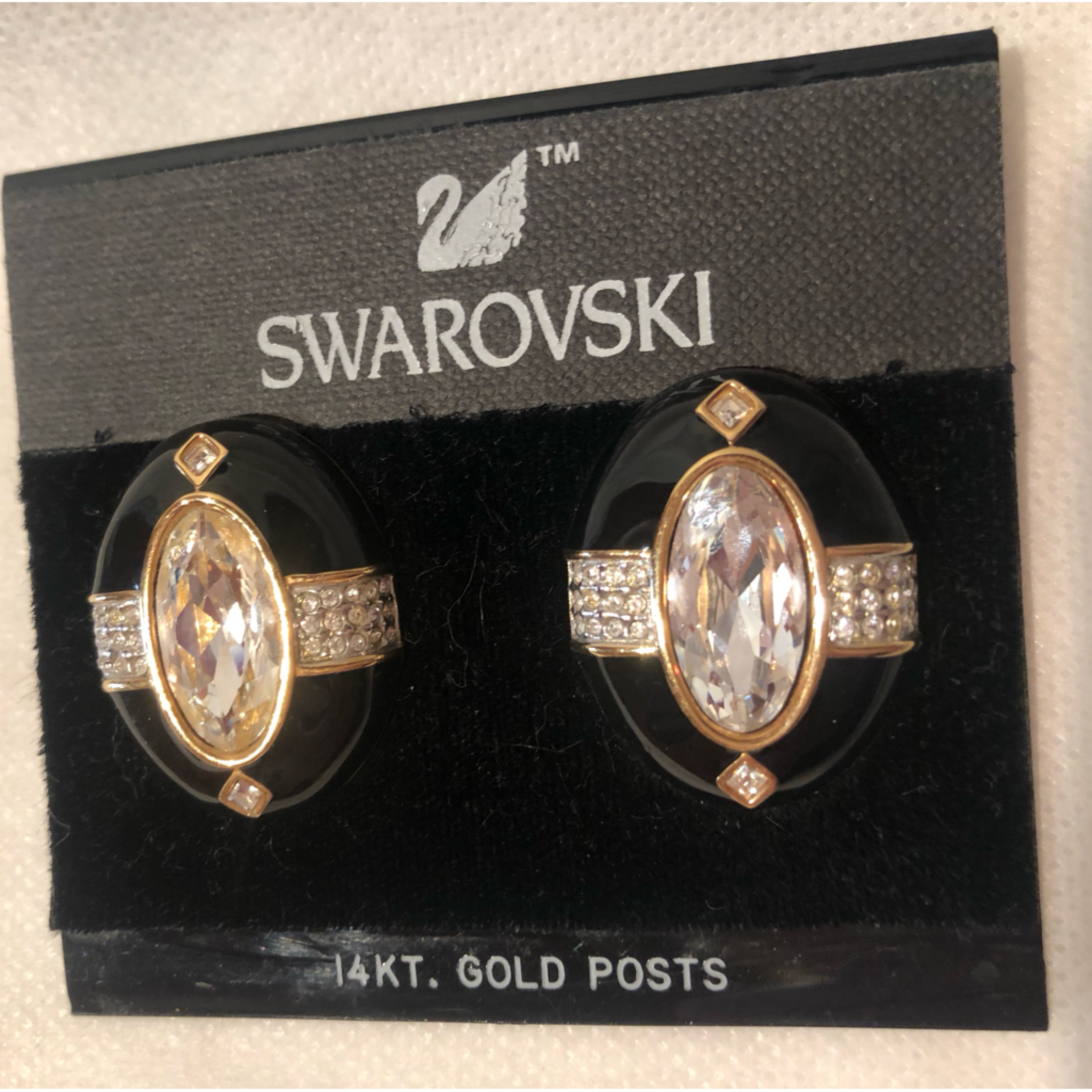 Nwt Stunning Swarovski 14k Gold, Black Enamel And Clear Crystal Earrings